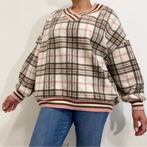 K.S. Be Your Style Women’s M Pink Plaid V Neck Preppy Crew Sweater Pullover